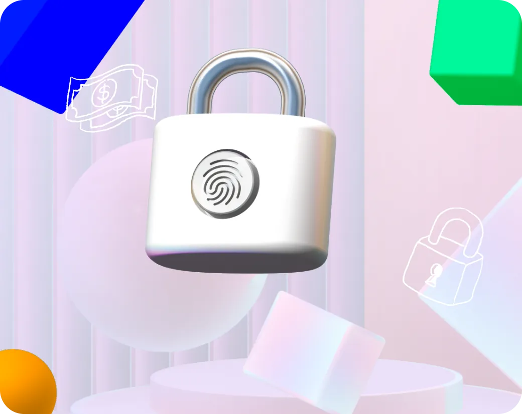A digital design presents a 3D padlock, highlighted against a backdrop filled with abstract geometric shapes and sketched icons. The padlock is the primary focus, rendered in white with a metallic silver shackle, and features a fingerprint sensor in the center, suggesting a biometrically secured locking mechanism.
The backdrop consists of pastel shades, primarily pinks and purples, creating a soft, dreamlike atmosphere. This is punctuated by bolder geometric shapes in blue and green above the padlock, adding depth and visual interest. A rounded orange shape at the bottom left appears to be an out-of-focus element, while various platform shapes in the foreground create a stage-like setting for the padlock.
In the background, there are sketched icons of dollar bills and a traditional padlock, which provide context to the image's theme of security, particularly in the realm of finance. These sketched elements are subtly placed, adding to the overall design without overpowering the main subject.
The composition of the image is carefully arranged, with the padlock suspended in the center, surrounded by elements that balance the design. The lighting is soft and diffused, enhancing the 3D effect and giving the scene a polished, modern feel.